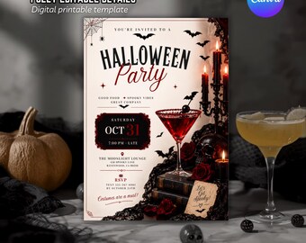 Gothic Halloween Cocktail Party Invitation, Red Black Adult Halloween Invite, Skull Candle Invite, Editable Canva Template, Printable 5x7