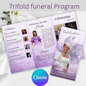 May include: A trifold funeral program template featuring a light purple watercolor background, floral accents, and text including "Celebration of life," "Amlia Rose," "Tributes," "Forever in our Hearts," and "Celebrating Memories" with photo placeholders.