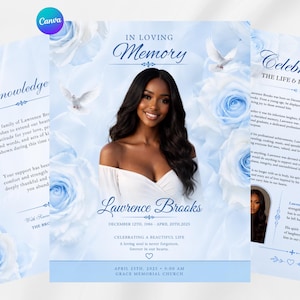 Può includere: Un modello di programma funebre con il ritratto di una persona sorridente con lunghi capelli scuri che indossa un top bianco con spalle scoperte. Il design include rose azzurre, colombe bianche e il testo In Loving Memory, Lawrence Brooks.