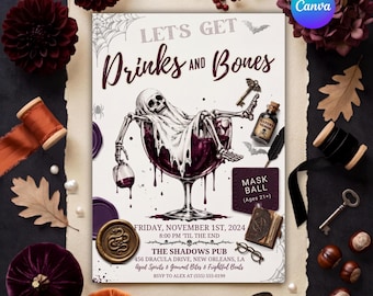 Drinks and Bones Halloween Party Invitation, Adult Halloween Invite 21+, Skeleton Wine Glass Masquerade Ball, Editable Canva Template