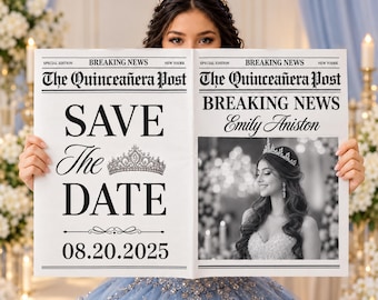 Quinceañera Newspaper Save the Date Template, Sweet 15 Invitation, Newspaper Announcement, Editable Canva Template, Instant Download