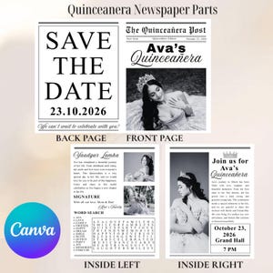 K&ouml;nnte beinhalten: Eine Einladung im Zeitungsstil f&uuml;r Ava's Quincea&ntilde;era, mit einem Schwarz-Wei&szlig;-Design. Die Titelseite zeigt ein Foto von Ava, w&auml;hrend die R&uuml;ckseite das Datum ank&uuml;ndigt: 23. Oktober 2026. Innenseiten enthalten Details und ein Wortsuchr&auml;tsel.