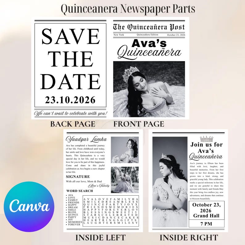 K&ouml;nnte beinhalten: Eine Einladung im Zeitungsstil f&uuml;r Ava's Quincea&ntilde;era, mit einem Schwarz-Wei&szlig;-Design. Die Titelseite zeigt ein Foto von Ava, w&auml;hrend die R&uuml;ckseite das Datum ank&uuml;ndigt: 23. Oktober 2026. Innenseiten enthalten Details und ein Wortsuchr&auml;tsel.