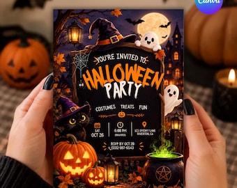 Black Cat Halloween Party Invitation, Editable Canva Template, Cute Ghost Chalkboard Invite, Kids Costume Party, Printable 5x7 Download