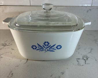 CorningWare vintage casserole dish in Iconic Blue Cornflower pattern