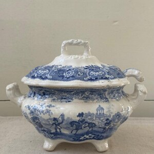 Antique English Blue & White Transferware Tureen with Lid and Ladle
