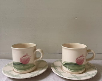 Vintage Pfaltzgraff Tulip Coffee Cup & Saucer Set – Cottage Garden Style, Set of 2