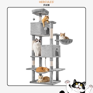 May include: A multi-level gray cat tree with multiple platforms, a hammock, and a hanging toy. Several cats of varying colors are lounging on the tree. The text "HERCULES' PAW" is at the top.