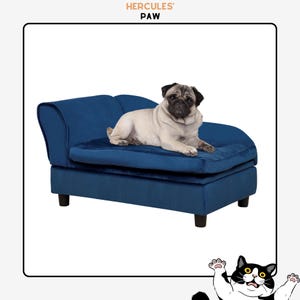 May include: A blue velvet dog bed with a pug resting on it. The bed has a chaise lounge design with a cushioned seat and back. The text "HERCULES' PAW" is at the top of the image.