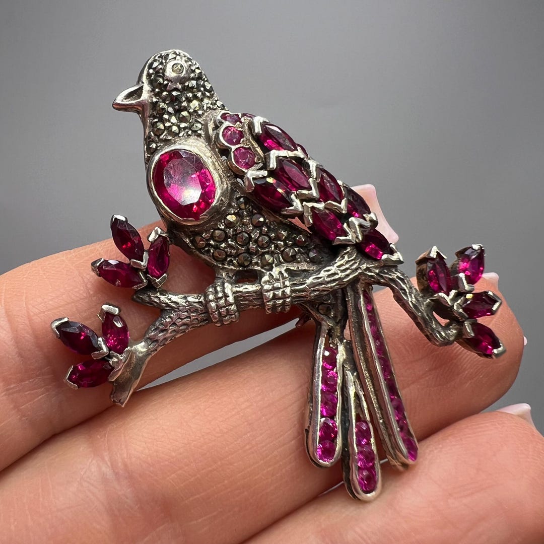 Vintage 1960s Sterling Silver Bird Brooch With Pink Garnet Stones | Art ...