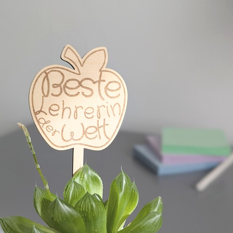Op de afbeelding: Een houten appelvormige plantenstaak met de Duitse tekst "Beste Lehrerin der Welt" (Beste leraar ter wereld). De staak is lichtbruin en staat in een groene vetplant.