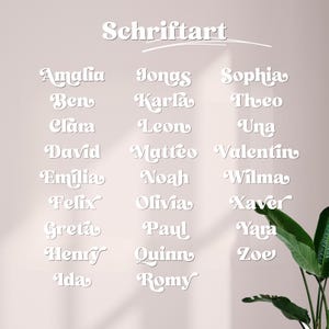 Puede incluir: Una pantalla de texto blanco titulada Schriftart que presenta una lista de nombres en una fuente estilizada, incluyendo Amalia, Jonas, Sophia, Ben, Karla, Theo, Clara, Leon, Una, David, Matteo, Valentin, Emilia, Noah, Wilma, Felix, Olivia, Xaver, Greta, Paul, Yara, Henry, Quinn, Zoe, Ida y Romy.