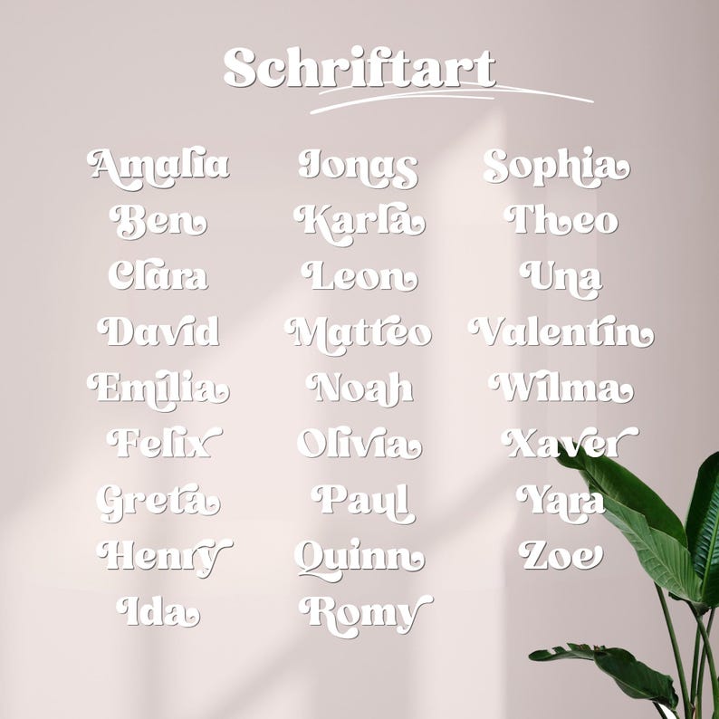 Puede incluir: Una pantalla de texto blanco titulada Schriftart que presenta una lista de nombres en una fuente estilizada, incluyendo Amalia, Jonas, Sophia, Ben, Karla, Theo, Clara, Leon, Una, David, Matteo, Valentin, Emilia, Noah, Wilma, Felix, Olivia, Xaver, Greta, Paul, Yara, Henry, Quinn, Zoe, Ida y Romy.