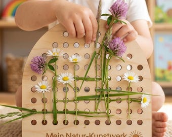 Montessori Holzschnürbrett, Naturspielzeug, Feinmotorik, Frühlingsspiel im Freien