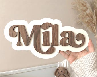 3D Namensschild Holz Personalisiert, Retro Türschild Kinderzimmer, 70er Jahre Schrift Vintage, Wanddeko Nussbaum & Birke