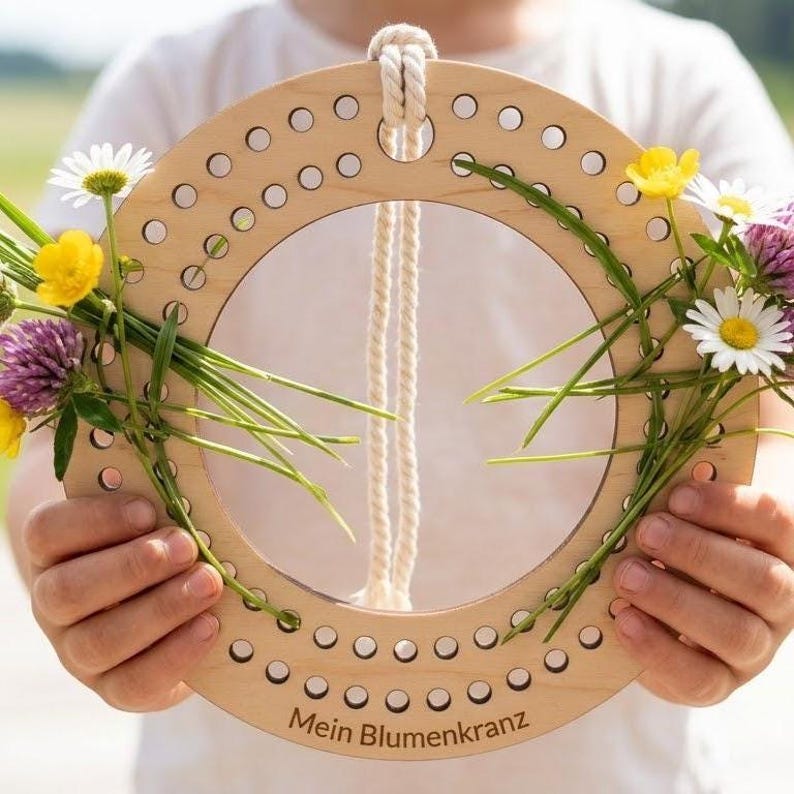 May include: A wooden floral wreath with a circular design, featuring evenly spaced holes around the perimeter. The wreath is adorned with a variety of fresh flowers, including daisies, buttercups, and clover. The text "Mein Blumenkranz" is printed at the bottom.