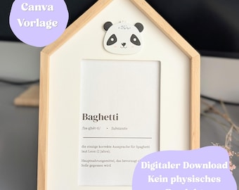 Puede incluir: Un marco de fotos de madera con forma de casa que contiene una impresión blanca con un icono de panda en la parte superior y el texto Baghetti, incluyendo ortografía fonética y una definición en alemán. La imagen incluye superposiciones moradas con el texto Canva Vorlage y Digitaler Download Kein physisches Produkt.