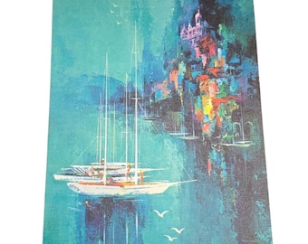 Pintura abstracta en lienzo de Montecarlo, Mónaco, Riviera Francesa, color verde azulado, 16 x 11 pulgadas