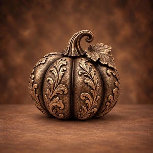 Ornate Pumpkin Sculpture, Bronze-Tone Finish, Woodland Fall Decor