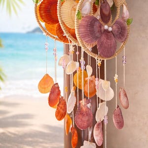 Puede incluir: Un móvil de conchas marinas con tres marcos circulares de cuerda trenzada. Los marcos están adornados con varias conchas marinas de colores, incluyendo naranja, morado y blanco, y están ensartados con hebras de cuentas. El fondo muestra una escena de playa.