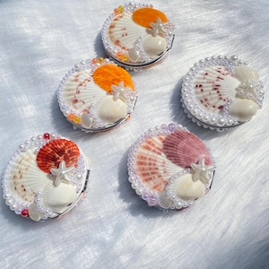 Miroir de poche en coquillage fait main, inspiré des sirènes pliable recto-verso, cadeau côtier