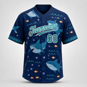 May include: Navy blue baseball jersey with a shark and fish pattern. The jersey features the text "Teamname" in a script font and the number "00". The sleeves have a checkered pattern.