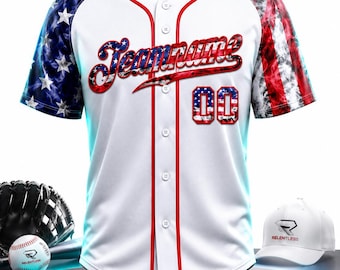 May include: White baseball jersey with red trim and buttons. The sleeves feature a blue and white star pattern on one side and a red and white smoke design on the other. The jersey has the text "Teamname" and the number "00" in a patriotic design.