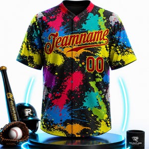 Custom Graffiti Pattern Red-Gold 3D Colorful Splattered Messy Art Ink Paintbrush Drawing Authentic Baseball Jersey