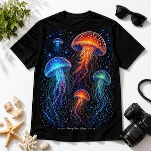 May include: Black t-shirt featuring a vibrant illustration of glowing jellyfish in shades of blue, orange, and green against a starry background. The text "Deep Sea Glow" is printed at the bottom of the design.