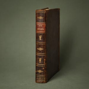 Può includere: Un libro d'epoca con copertina in pelle marrone. Il dorso presenta il titolo "VIE DEVOTE" in lettere dorate su un pannello rosso, con decorazioni dorate. Le pagine del libro sono invecchiate, suggerendo che si tratta di un oggetto d'antiquariato.