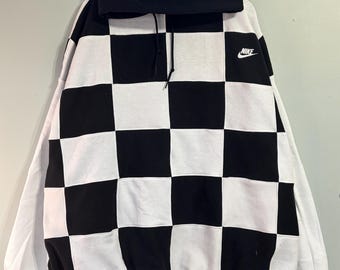 Bold XL/XXL white on black upcycled Nike hoodie with patchwork design