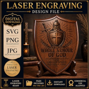 Puede incluir: Un archivo de diseño de grabado láser de descarga digital que muestra una placa de madera en forma de escudo con un casco de caballero, una espada y una cruz. El texto dice: PUT ON THE WHOLE ARMOUR OF GOD, EPHESIANS 6:11, CHRISTIAN WARRIOR, FAITH, STRENGTH, COURAGE. Incluye SVG, PNG, JPG.