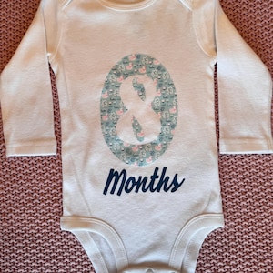 Może przedstawiać: Białe body dla dziecka z długimi rękawami. Posiada duży owalny wz&oacute;r z motywem kaczek i element&oacute;w kwiatowych w odcieniach niebieskiego i r&oacute;żowego. Słowo "Months" jest wydrukowane w kolorze granatowym.
