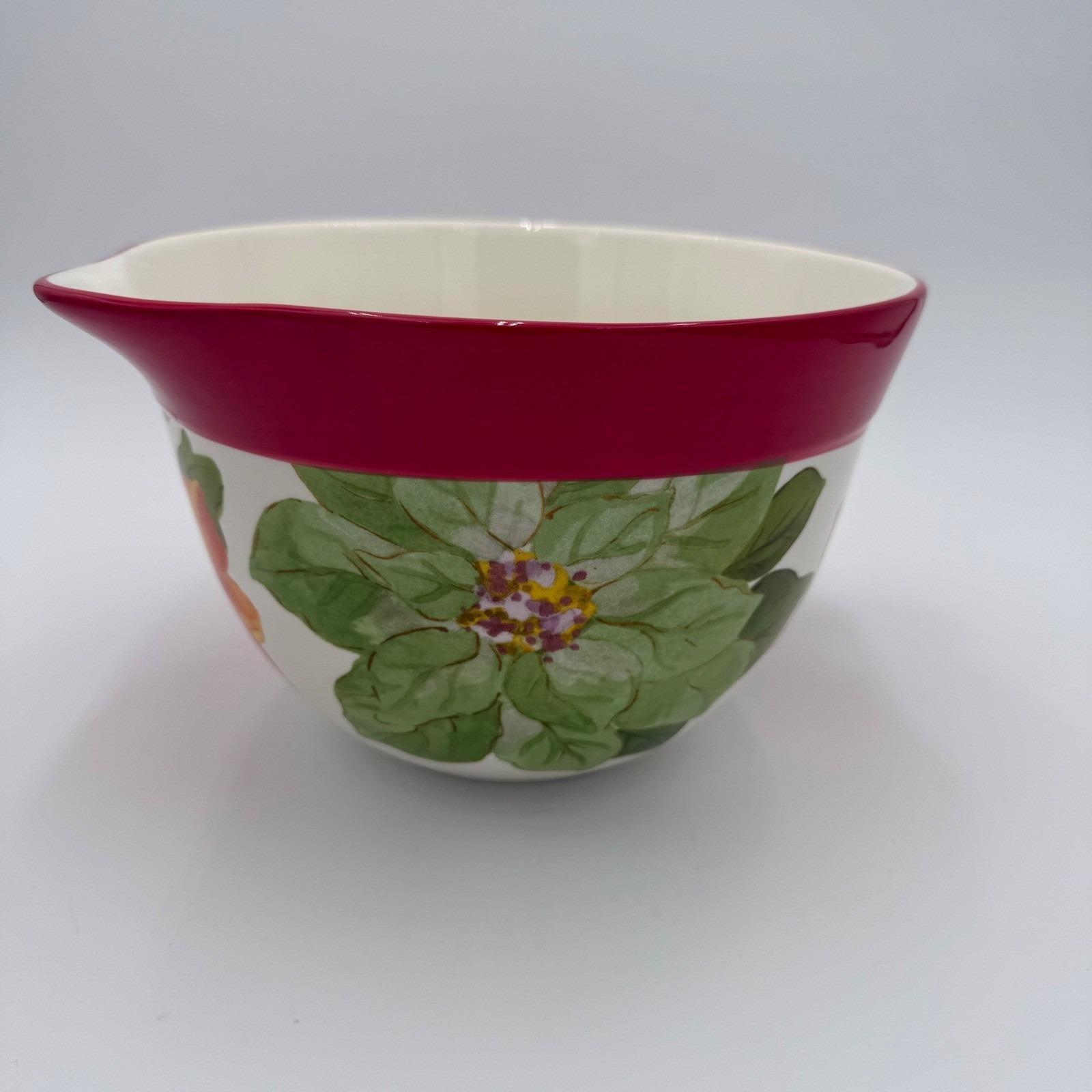 Pioneer Woman Poinsettia Stoneware Batter Bowl 2.83qt Red Floral w/ Spout Handle