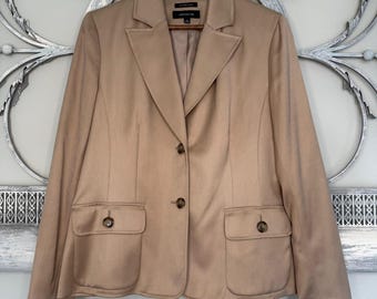 Jones New York Tan Stretch 2-Button Blazer Jacket Womens 14 Camel Twill Pocket