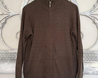 Y2K Eddie Bauer Womens Brown Cable Knit Zip Mock Neck Stretch Sweater Large EUC