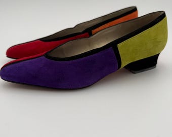 Evan-Picone Vintage Colorblock Suede Pumps Low Block Heel Made in Spain Size 6