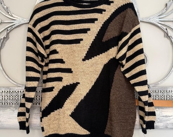 Pronto Moda Vintage Women Abstract Geometric Striped Knit Sweater Brown Tan L