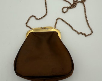 Vintage 1940's Brown Satin Kiss Lock Evening Clutch Purse with Gold Chain