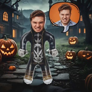 May include: Inflatable Halloween decoration with a person's face showing an angry expression. The figure wears a black outfit with a skeleton design and gold detailing. The background features lit pumpkins and a spooky house.