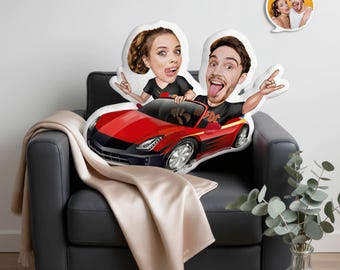 Almohada personalizada con foto de pareja y diseño de coche deportivo rojo / Regalo personalizado con foto (45 x 45 cm)