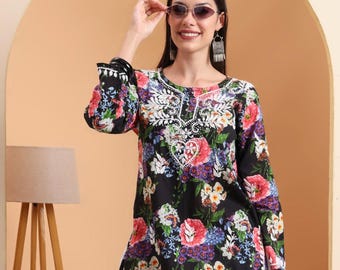 Floral Rayon Black Short Kurti for Women | Printed Tunic Top | Casual Ethnic Wear