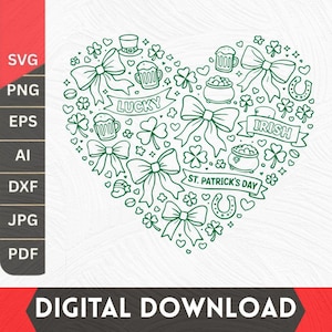Op de afbeelding: Een groen hartontwerp met St. Patrick's Day-symbolen. Het bevat klavers, strikken, bierpullen, een pot goud en de woorden "Lucky" en "Irish". De woorden "St. Patrick's Day" zijn ook aanwezig.