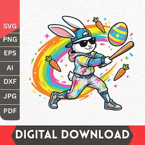 Puede incluir: Ilustración de dibujos animados de un conejo blanco con gafas de sol y gorra de béisbol, balanceando un bate. El conejo viste un atuendo colorido con salpicaduras de pintura. También se incluye un huevo de Pascua y zanahorias. El texto "DIGITAL DOWNLOAD" está en la parte inferior.
