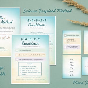 Puede incluir: Un conjunto de hojas imprimibles con el texto "The Gentle Method" y "5-4-3-2-1 Countdown". Las hojas son en tonos de azul y blanco, con fuentes de estilo manuscrito. La imagen incluye las palabras "Large Printable" y "Mini Sheets".