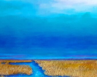 Original Art  20x20"  Acrylic on Wrapped Canvas marsh river scene Williamsburg VA