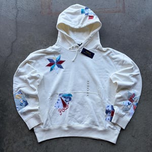 Felpa con cappuccio da uomo Polo Ralph Lauren, bianca, con inserti patchwork, taglia 2XL, nuova con etichette.