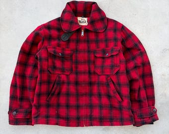 Vintage Woolrich jaren 70 Mackinaw Buffalo geruite jachtwol rood/zwart (maat 42)