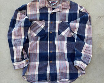 Camisa de franela a cuadros para hombre Big Mac estilo años 80, con botones, en azul, rojo y blanco, con doble bolsillo.