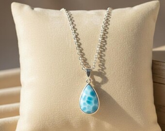 Natural Larimar Gemstone Necklace Sterling Silver Dainty Blue Stone Pendant Unique Artisan Caribbean Jewelry Ocean Blue Gemstone Pendant